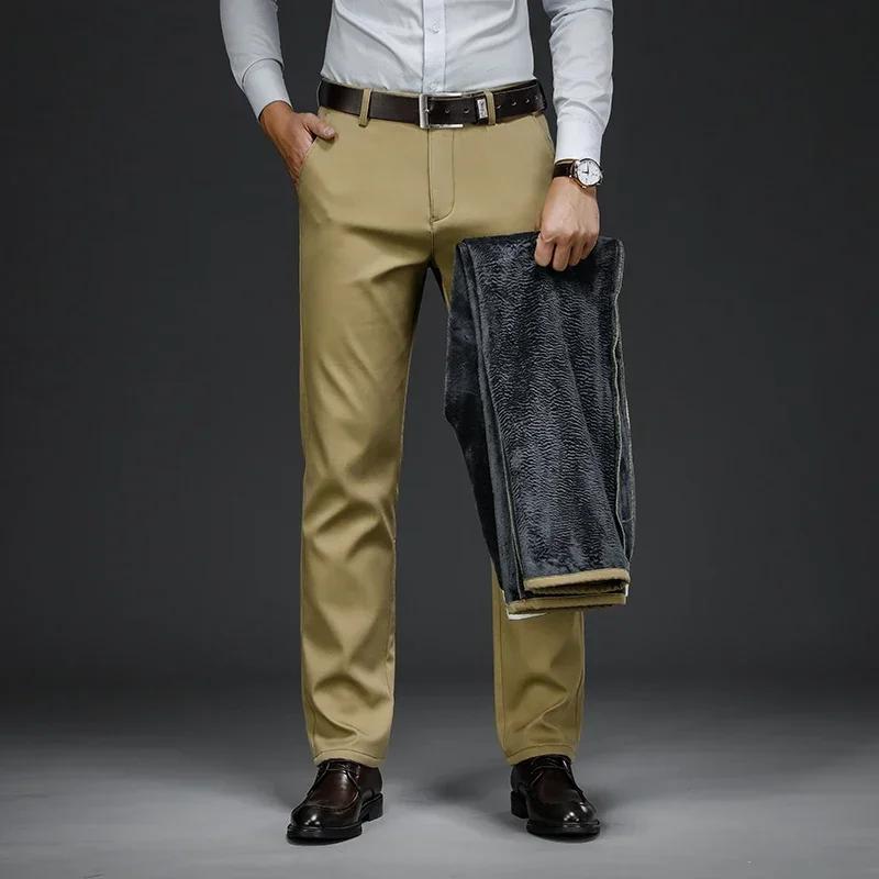 Classic Style Winter Warm Men's Business Straight Casual Pants Stretch Fabric Office Pants Fleece Thicken Trousers