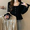 French Style Vintage Folds Shirt Spring Autumn New Single-breasted Women's Elegant Square Collar Fashion Ruffles Blouse