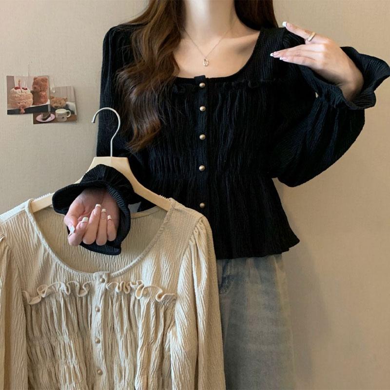 French Style Vintage Folds Shirt Spring Autumn New Single-breasted Women's Elegant Square Collar Fashion Ruffles Blouse