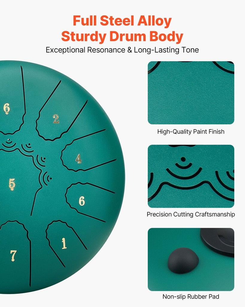 Steel Tongue Drum, 25.4cm 11 Notes Rain Drum for Outside Garden, C Major Musical Drums with Music Book & Mallets, Percussion Instrument for Meditation