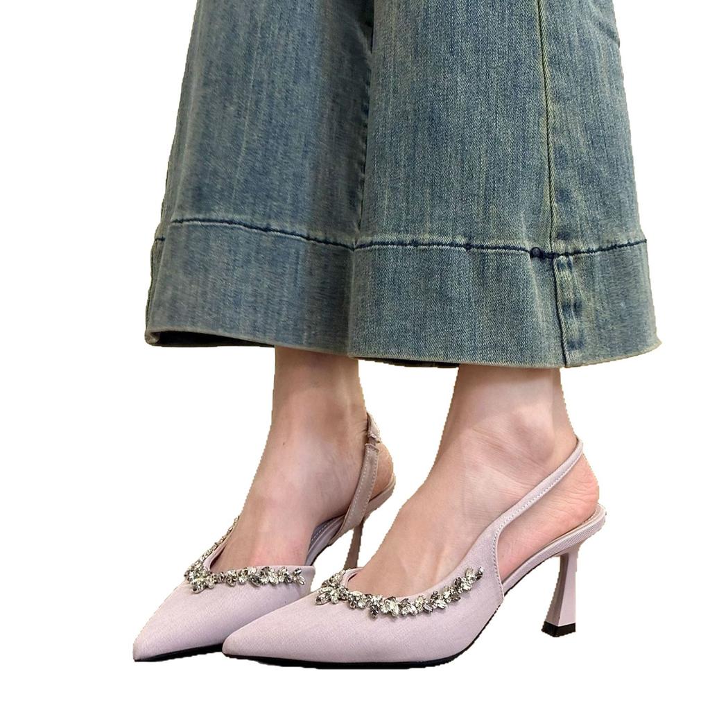 Temperament Pointed Rhinestone Bag Head Empty Sandals Women's Spring 2025 New Purple Fairy Wind Side Empty High-heeled Shoes