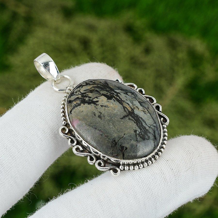

925 Sterling Silver Oval Natural Picasso Jasper Engagement Bezel Wife Pendant