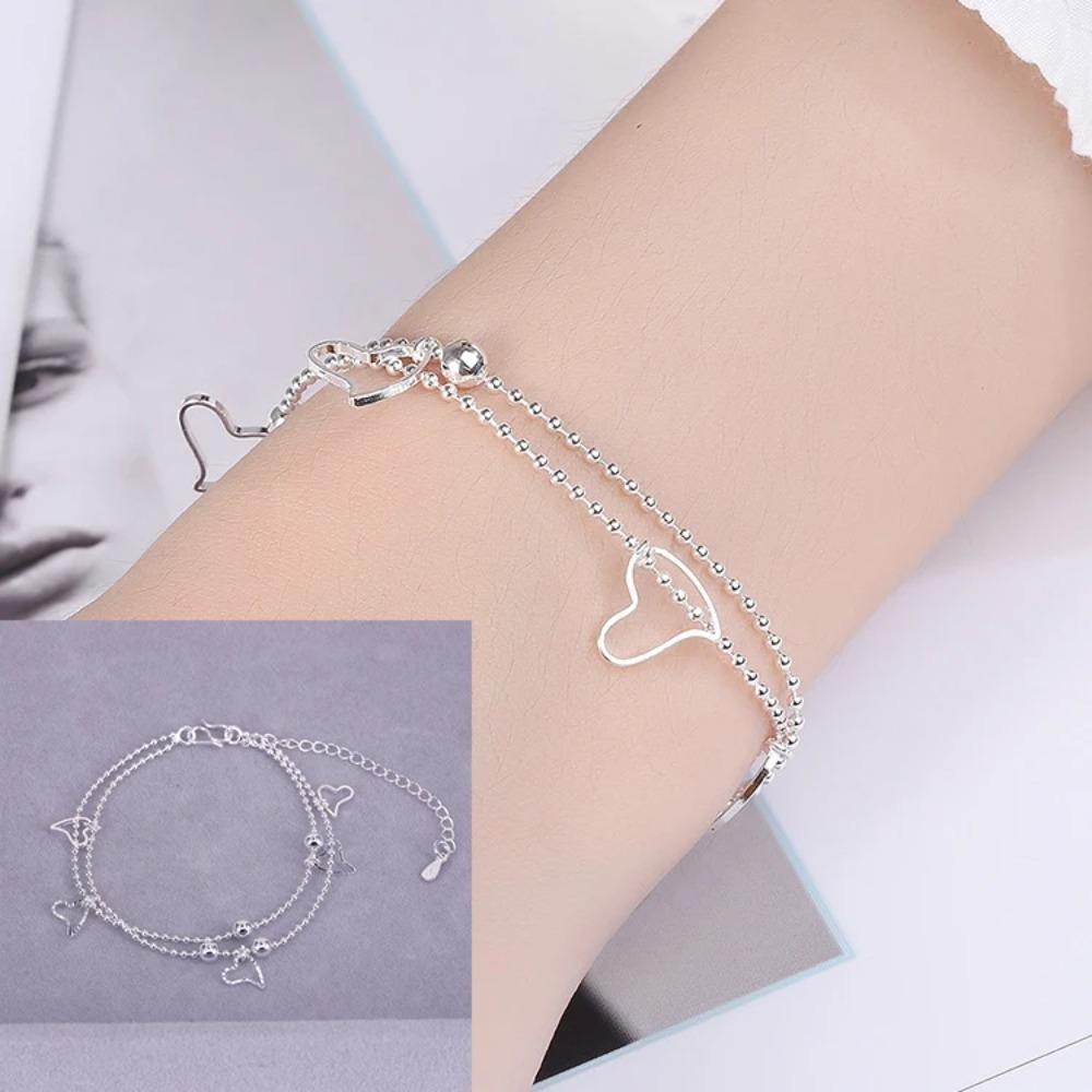 925 Silver Double Love Heart Hollow Beads Bracelet Adjustable Romantic Jewelry for Women Fashion Classic