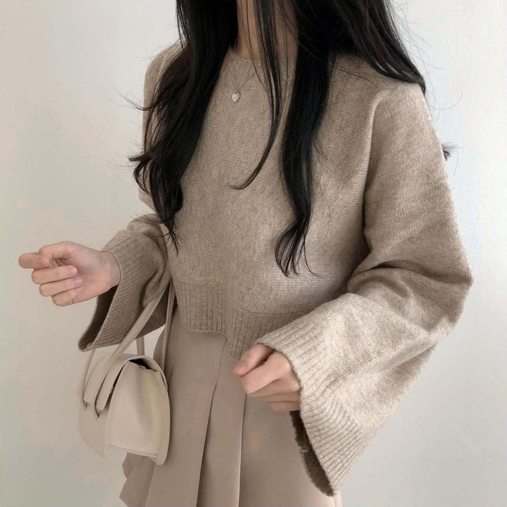 Korean Chic Long-Sleeve Knit Sweater: Women's Petite, Loose, Round Neck, Solid Color, Early Spring Style.