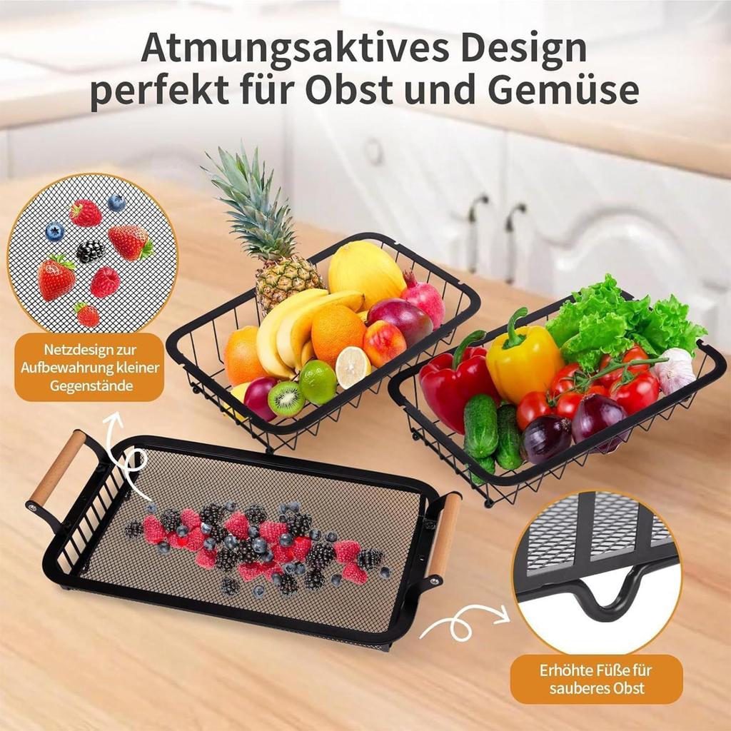 Fruit Basket Vegetable Basket Metal Storage Basket with Hook and Wooden Handle Stackable and Removable Kitchen Storage Rack