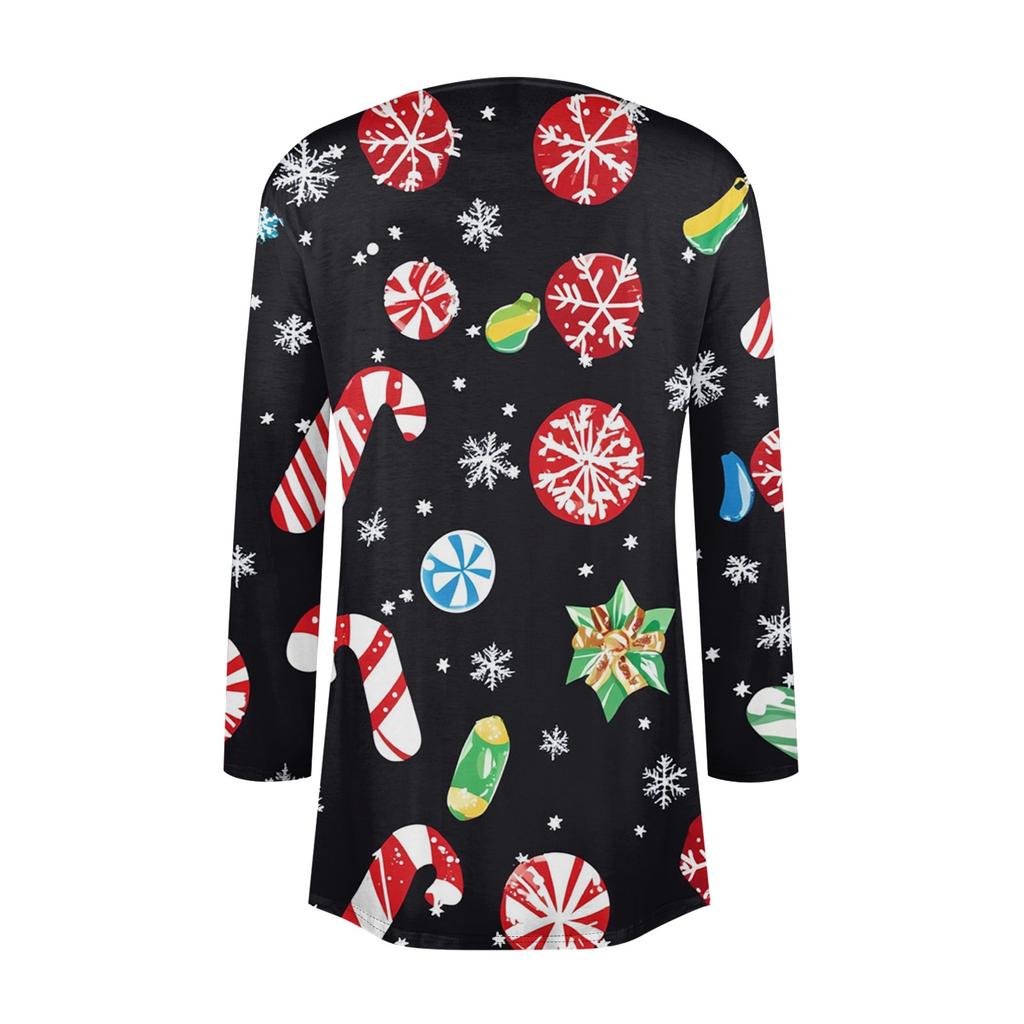 Women's Fashion Casual Christmas Print Medium Length Cardigan Jacket Coat