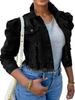 2026 Damen Koreanisch-Europäischer Stil Denim Cropped Jacke mit Aufschlag Puffy Langen Ärmeln