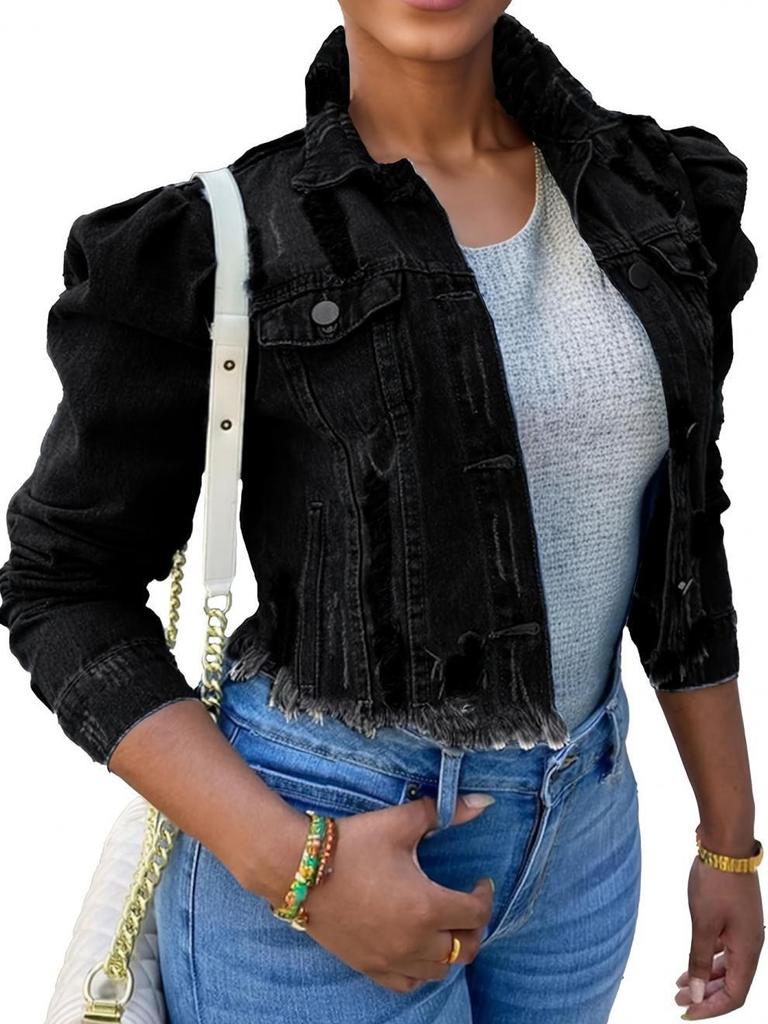 2026 Damen Koreanisch-Europäischer Stil Denim Cropped Jacke mit Aufschlag Puffy Langen Ärmeln