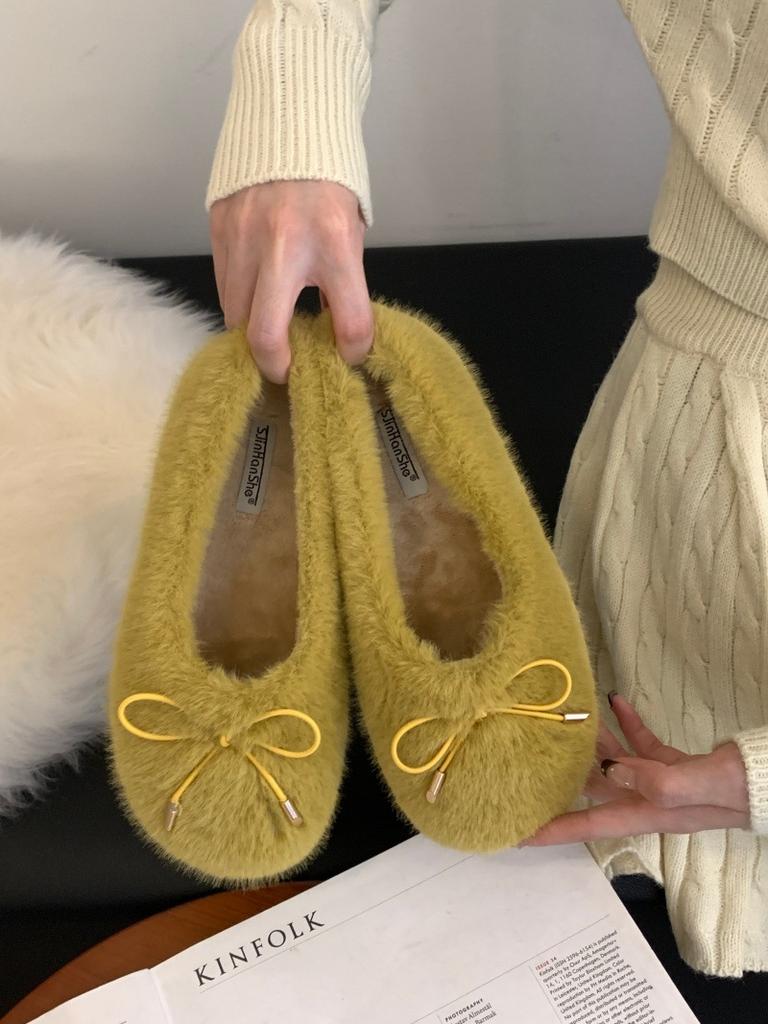 Gentle Fairy Wind Fluffy Shoes Female Outer Wear 2025 Autumn and Winter New Korean Version Soft-soled Flat-soled Velvet Doudou Shoes