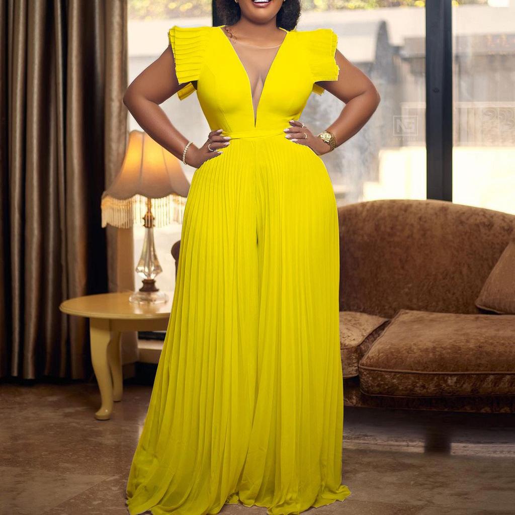 Summer Pleated Jumpsuits Rompers Women V Neck Ruffles High Waisted Loose Floor Length Luxury Female Party Romper