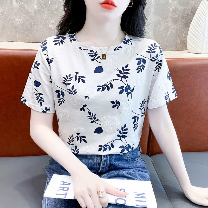 

JKASHDK Женские модные повседневные летние весенние блузки и рубашки с цветочным узором и коротким рукавом с круглым вырезом XXL