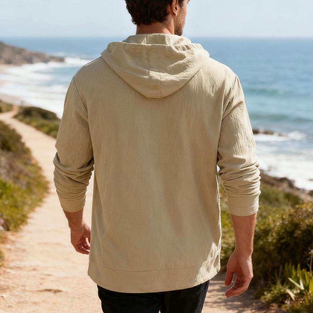 Men's Linen Hooded Long-Sleeved T-Shirt Beachwear & Leisurewear Loose Fit with Large Pockets Henley Neck Top