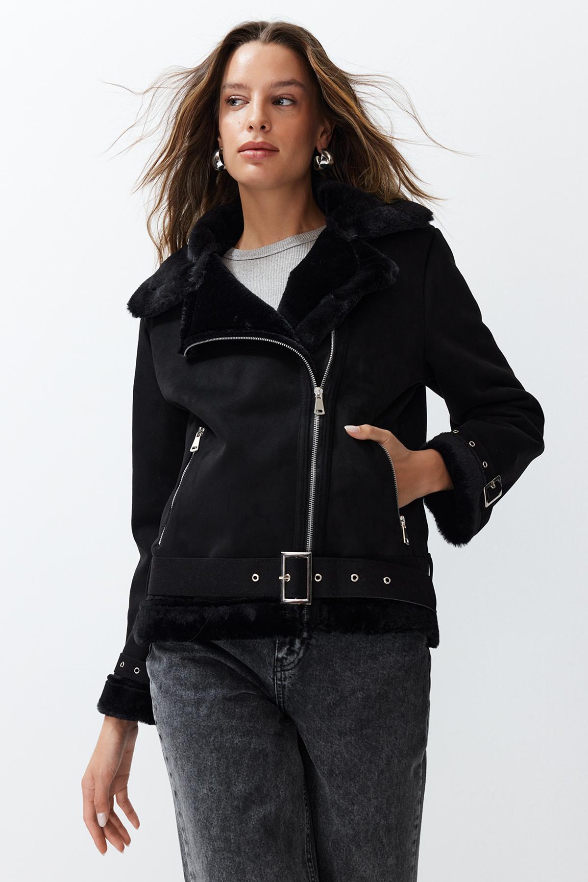 

Женское модное новое пальто, черное плюшевое байкерское пальто из замши с поясом