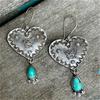Bohemian Style Hand Carved Synthetic Turquoise Inlaid Heart-shape Dangle Earrings Women Charm Silvery Plated Jewelry Accessories
