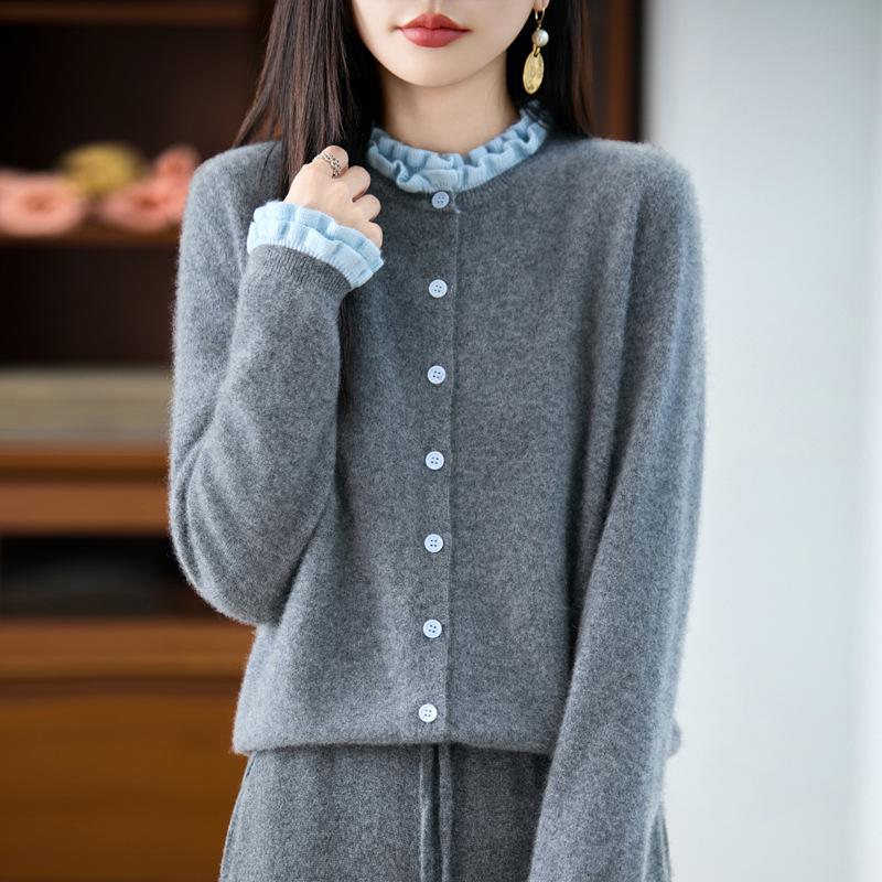 

2025 Autumn/Winter French Lace Knit Cardigan Coat: 100% Pure Wool, Age-Reducing Fashion Sweater M 48-58 kg сірий колір