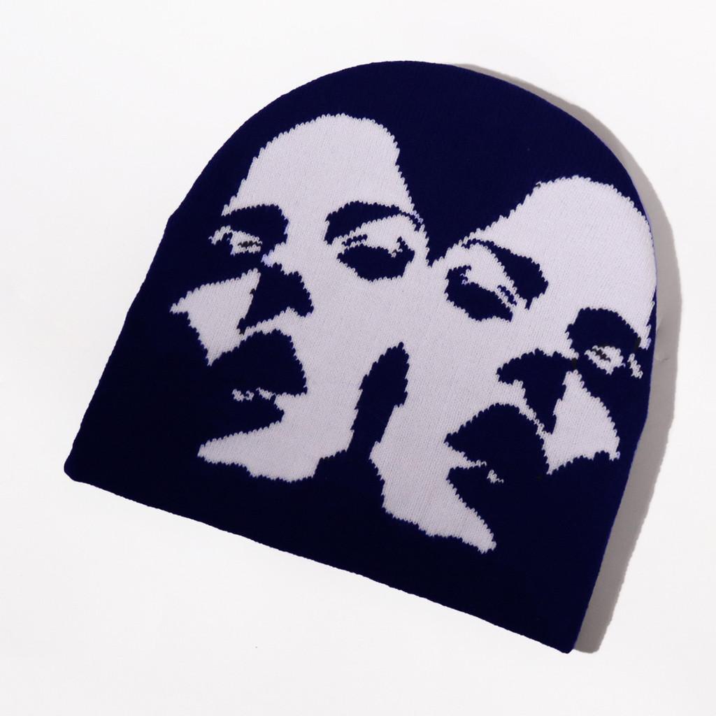 

Black And White Acrylic Knit Hat With Eye And Lip Embroidery For Autumn And Winter Navy Blue