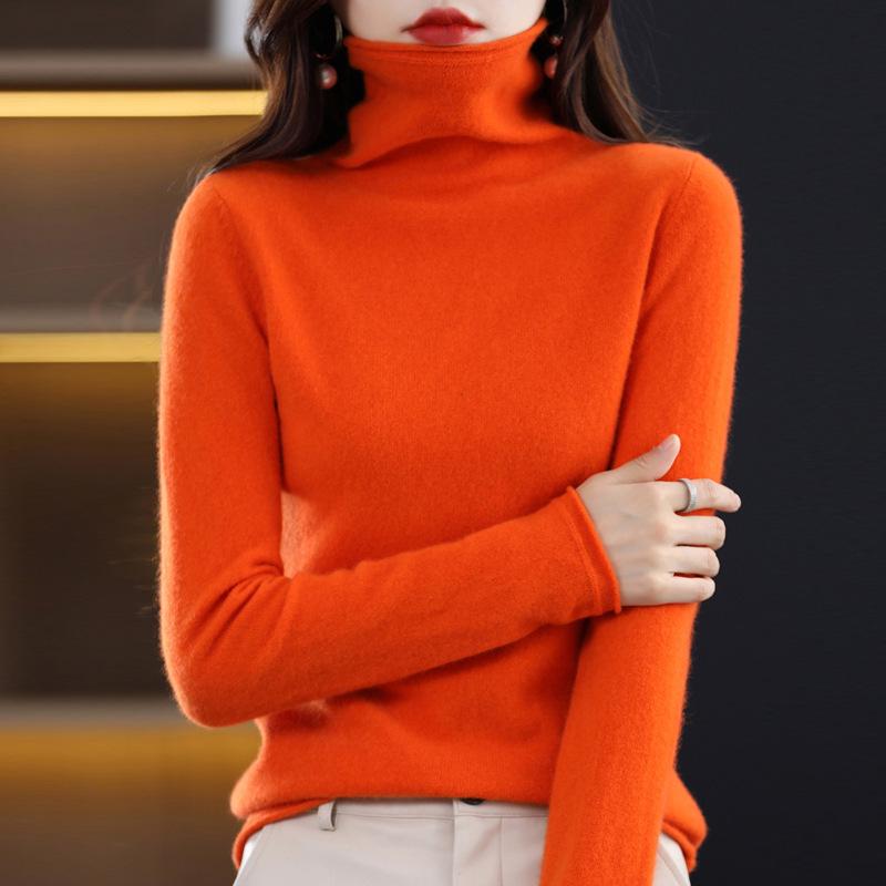 Women's 100% Wool Rolled Edge Turtleneck Sweater - Loose Fit Pullover Knit Base Layer