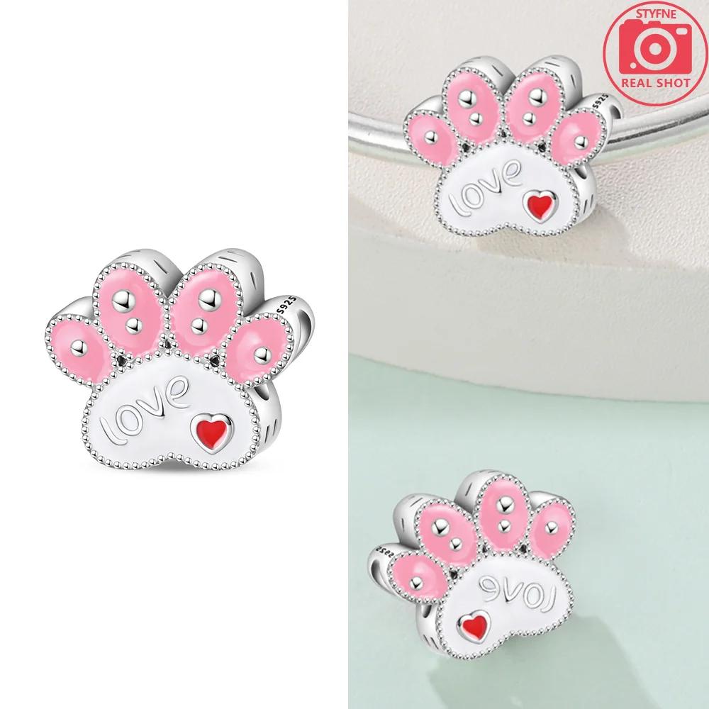 Original 925 Silver Bracelet Women Jewelry Diy Childish Fine Gift Charms Beads Pink Claw Bones Running Dog Pendant Heart Beads