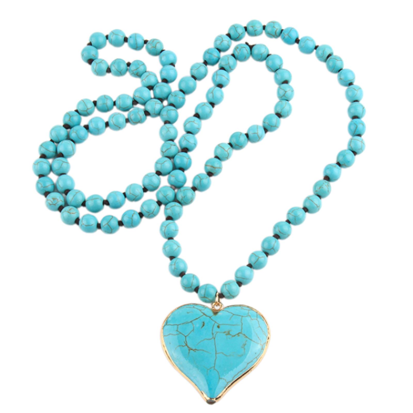 

Women s Vintage Turquoise Beaded Necklace Heart Pendant Ethnic Style Neckchain Bohemian Long Sweater Chain Jewelry