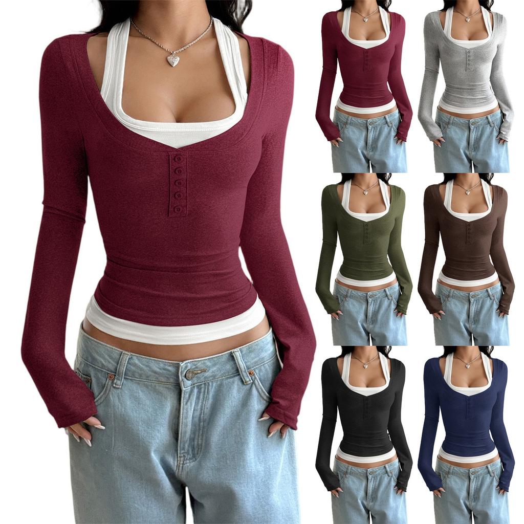 Women's Sexy Fashion Fake Two-Piece Solid Color Button Suspender Long Sleeve T-Shirt