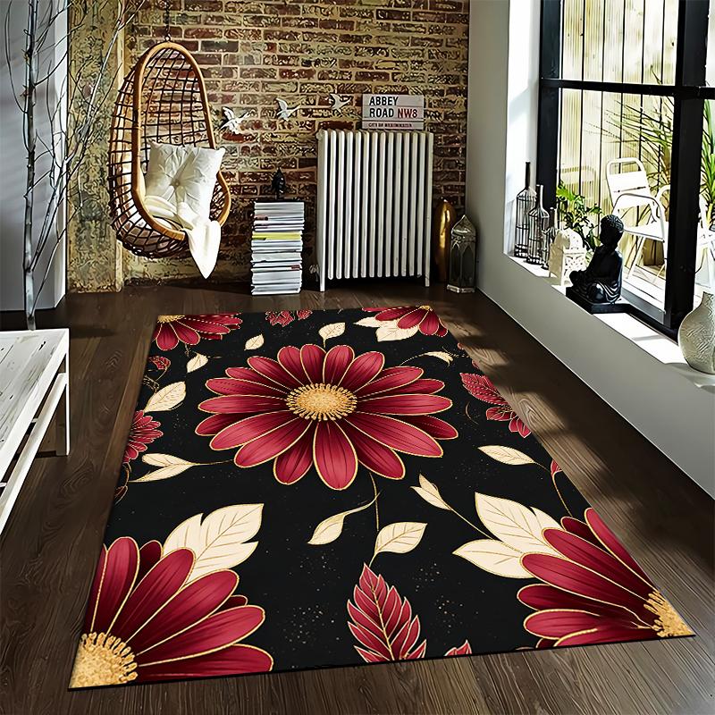 Red Floral Carpet with Golden Leaves On Black Background Design Suitable for Use As an Anti-slip for Living Room Bedroom Sofas
