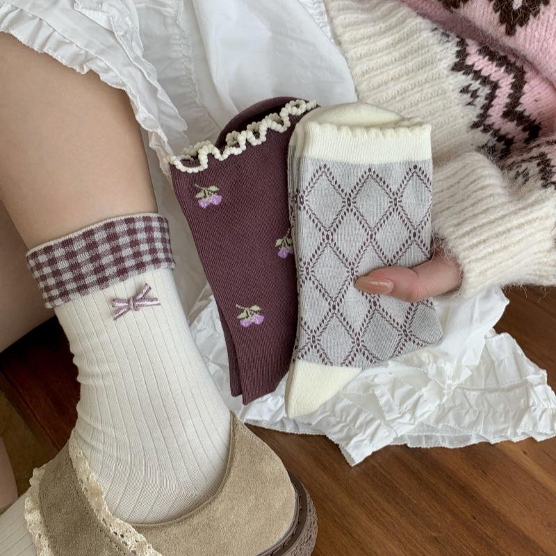 Ladies Spring and Autumn Vintage Sweet Flanging Check Bow in The Tube Socks