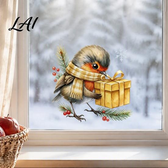 Non Adhesive Window Clings Christmas Bird Static Sticker Cute Watercolor Glass Stickers with Pine Branch PVC Waterproof Creative Gift Ideas