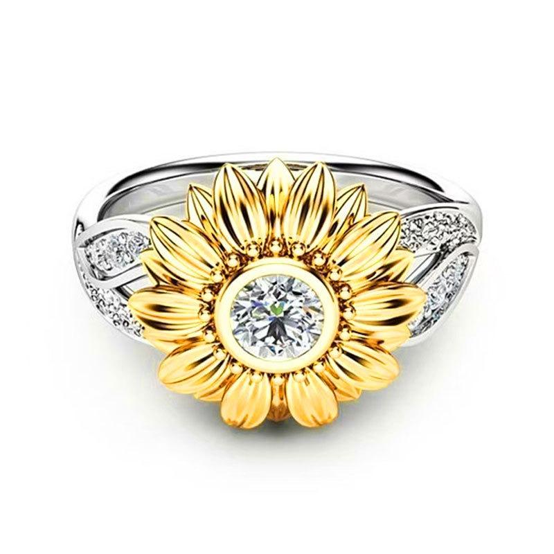 Diamond-encrusted Gold and Silver Dual-color Sunflower Fashion RingPersonalized Jewelry
