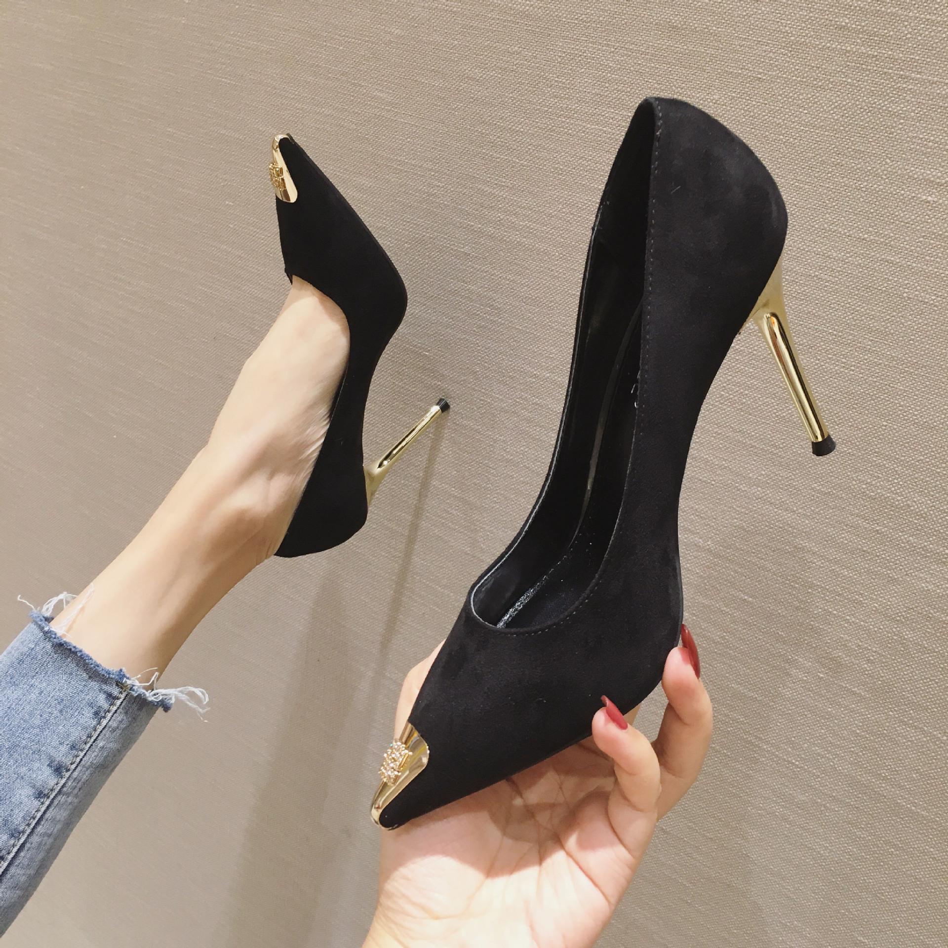 

9265 2025 spring new high heels suede pointed head thin heel metal head shallow mouth single shoes super high heel women s shoes 34