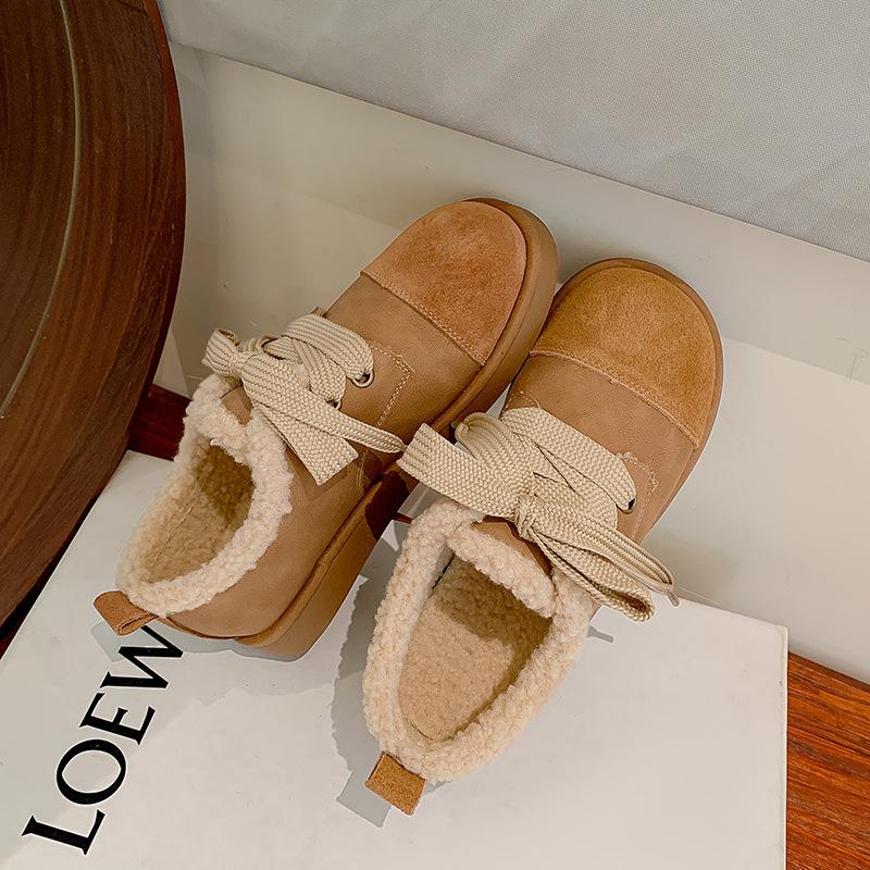 New spot leather retro Birkenstock wool shoes women's 2025 winter velvet snow boots round head casual lace-up