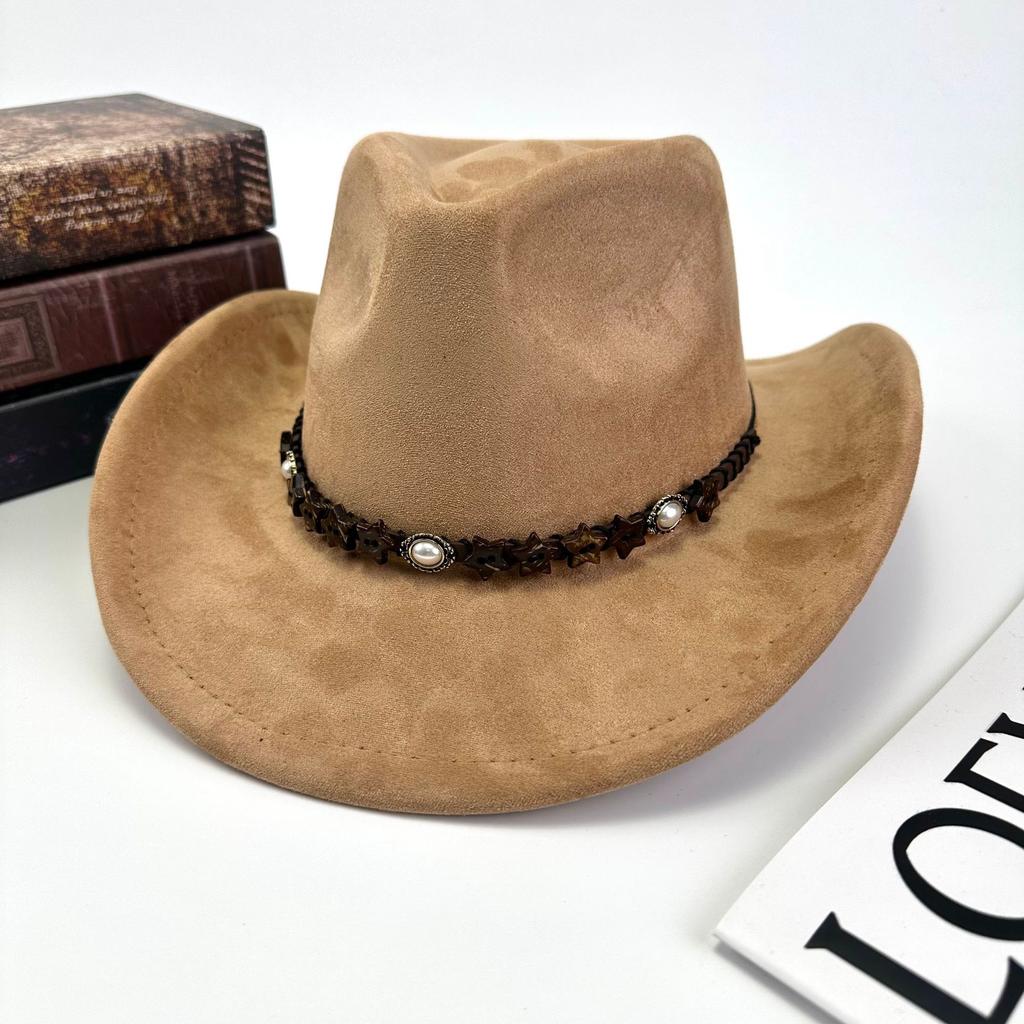 Western Cowboy Hat Women'S Wool British Suede Pearl Accessories Peach Heart Top Hat