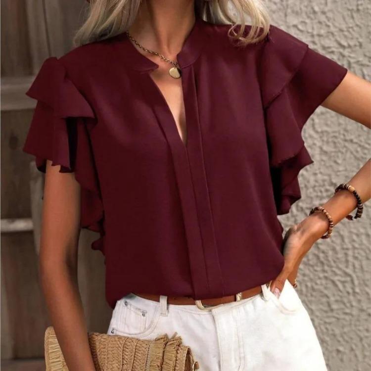 Elegant Solid Color Casual V-neck Top Pullover Shirt with Double Layered Ruffle Sleeves Women Blouse Summer