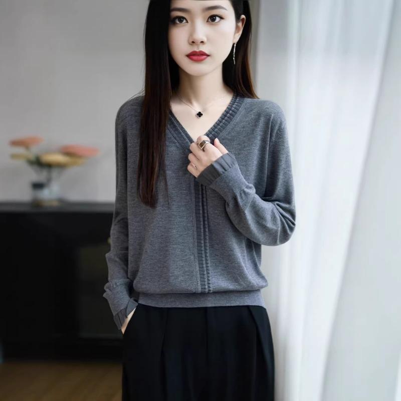Women S V Neck Long Sleeve Lace Splicing Knit Sweater