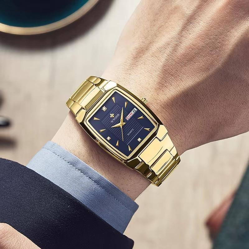 WWOOR Luxury Business Men Watches Gold Quartz Stainless Steel Sport Clock Waterproof Week and Date Wrist Watches