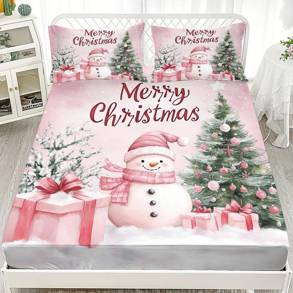 Santa Claus Elk Christmas Tree Print Coreless Fitted Sheet Set Christmas Theme Fitted Sheet Soft Bedspread Bedroom Bedding Decor