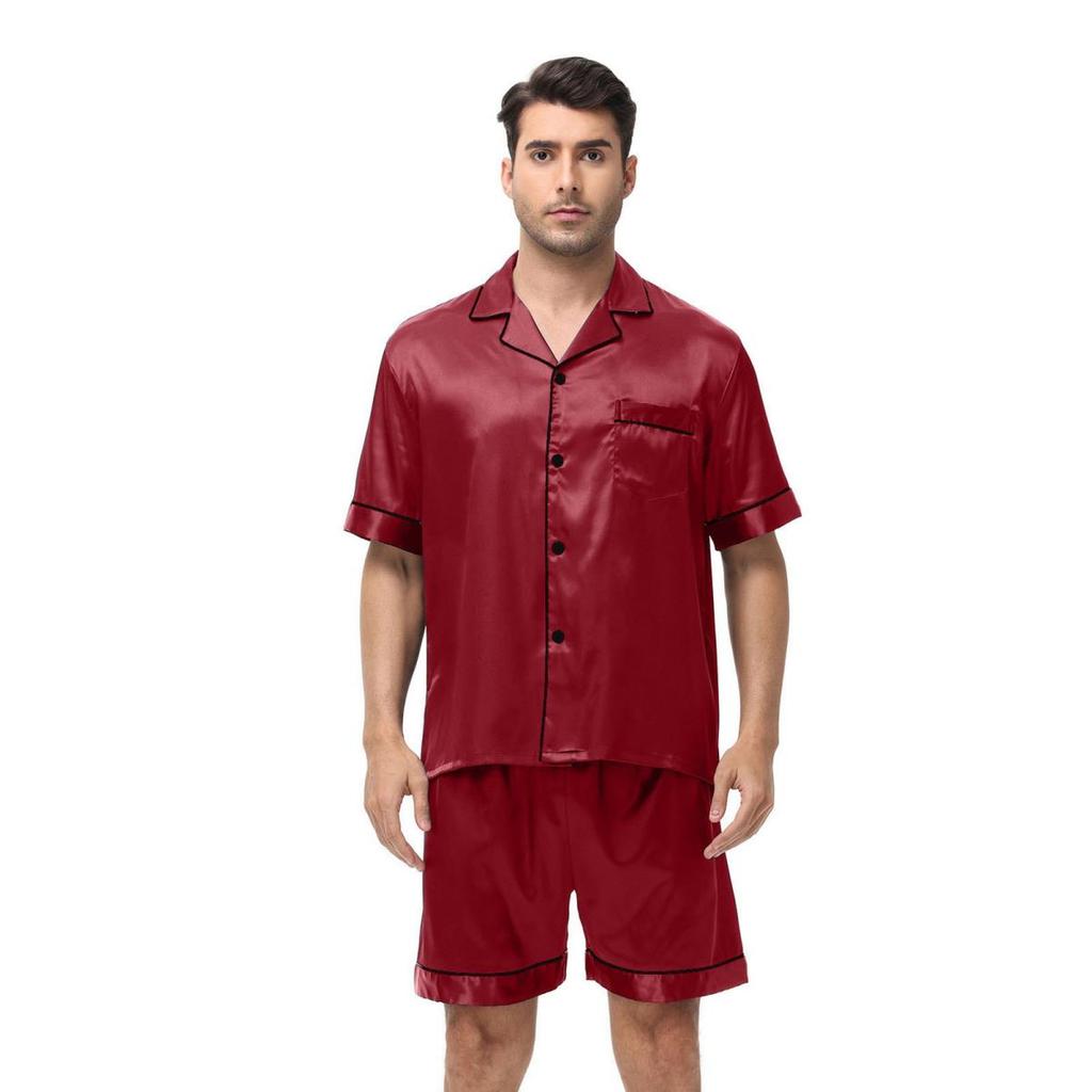 Yousheng 2Pcs/Set Men Pajamas Set Lapel Short Sleeve Single Breasted Tops Elastic Waist Shorts Set Solid Color Satin Sleepwear
