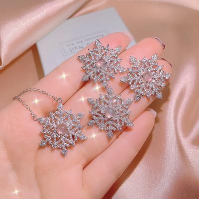 Snowflake Opening Ring Necklace Earrings Sparkle Set Wedding Dinner Jewelry