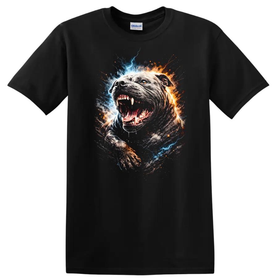 Electric Dog T Shirt Fierce Pitbull with Lightning and Fire Elements Tee