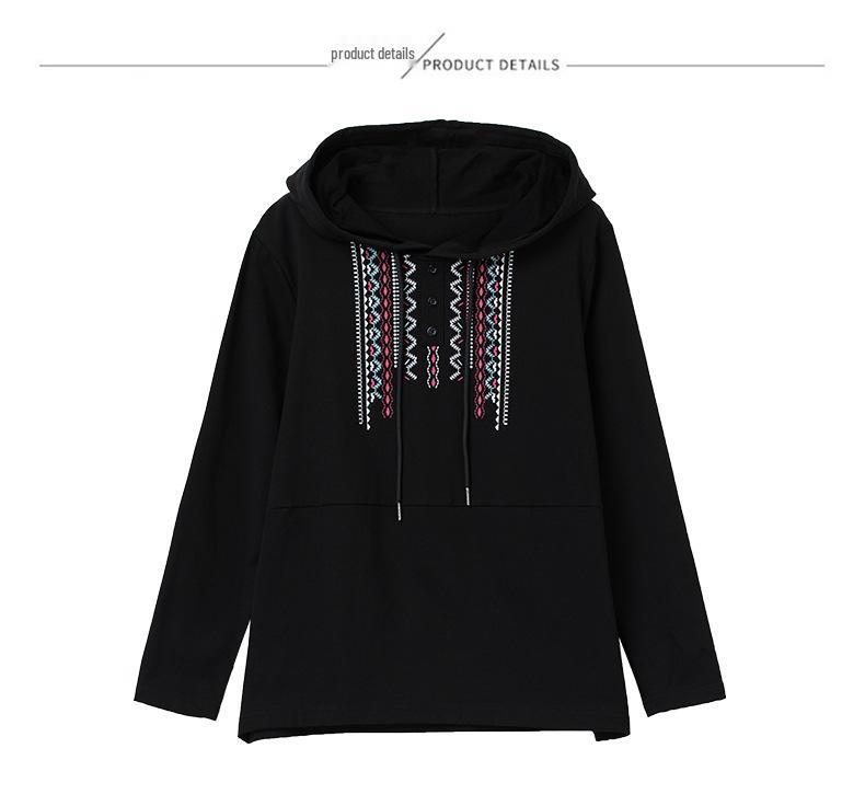 Women's Ethnic Style Cotton Hooded Sweatshirt - 2025 Spring/Autumn, Thin, Plus Size, Casual for Middle-Aged Mothers