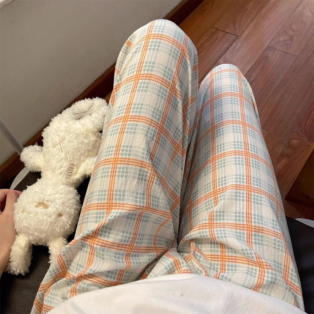Loose Casual Long Pants Women Chic Wide Leg Pants Plaid Straight Leg Pants Indoor Outdoor