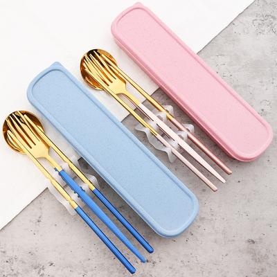 Juego de vajilla dorada, juego de cubiertos de viaje para acampar, tenedor, cuchara, palillos, vajilla con caja portátil, juego de cubiertos de acero inoxidable