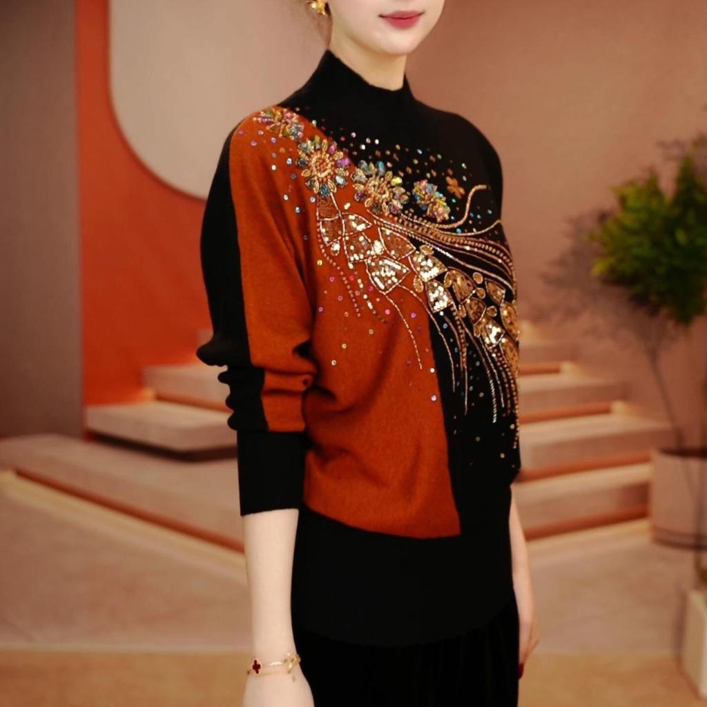 Autumn Winter Women's Half Turtleneck Fleece Blouse Rhinestones Loose Printed Base Shirt