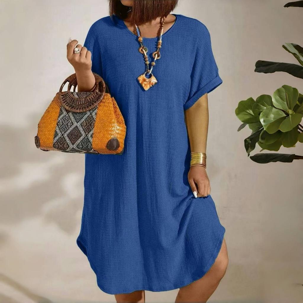 European and American Large-size Women's Clothing New Short-sleeved Solid Color Dress