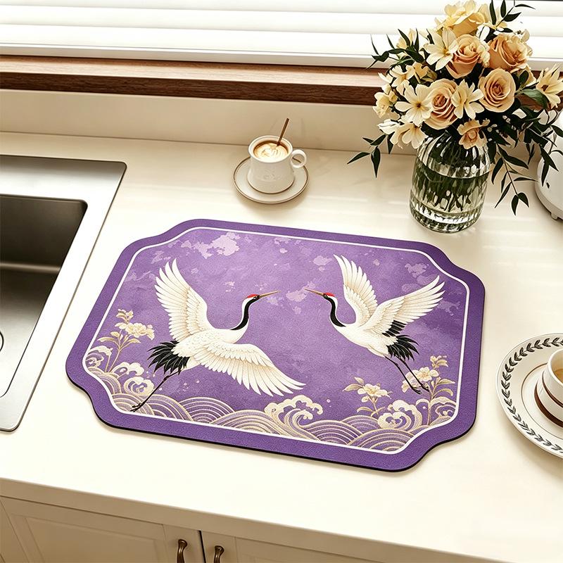 Chinese-Style Irregular Flower & Bird Diatom Mud Coffee Mat: Stain-Resistant, Easy-Clean, Non-Slip Kitchen Draining Mat