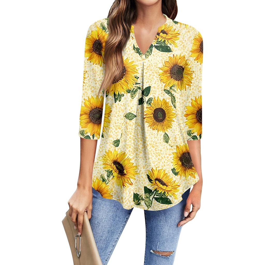 Women's Fashion Casual Three-Quarter Sleeve T-Shirt Printed V-Neck Top