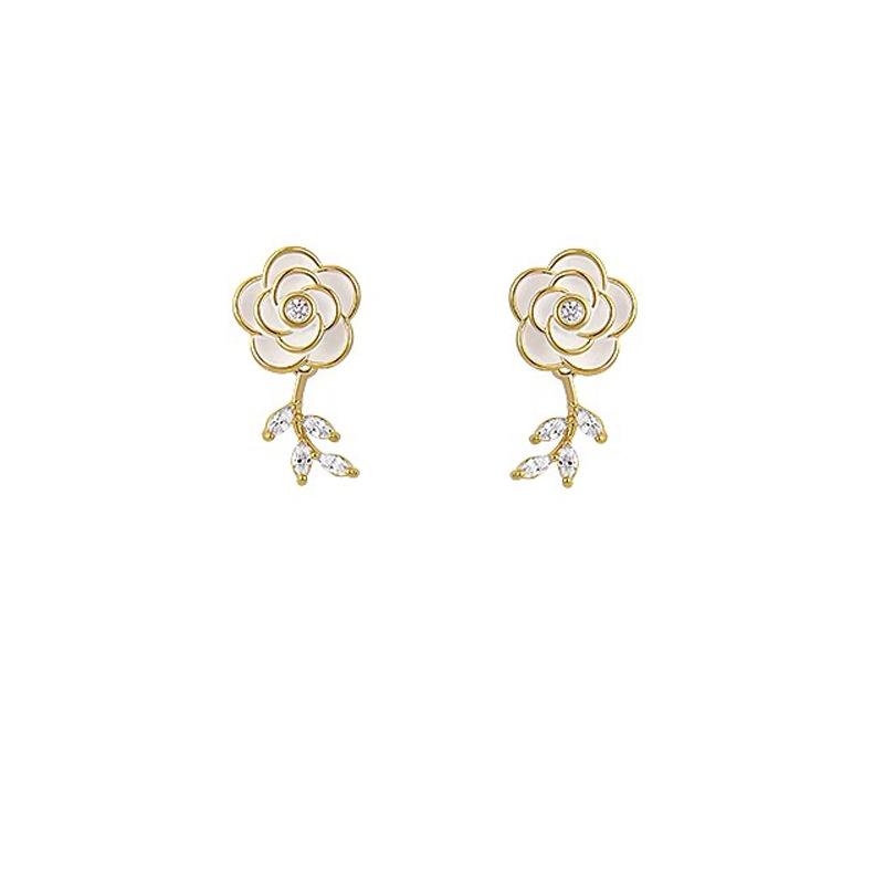 White camellia ear clips, simple zircon stud earrings, women's niche design, flower earrings, mosquito coil disc.