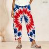 Women Plus Size Cross Hem Long Pants Burst Star Glitter Patriotic Print Loose Casual Trousers