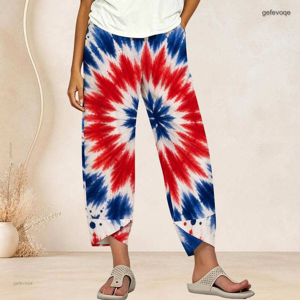 Women Plus Size Cross Hem Long Pants Burst Star Glitter Patriotic Print Loose Casual Trousers