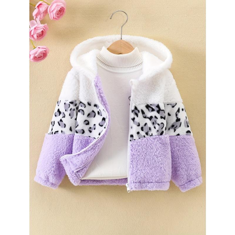 Cozy & Cute Girls' Leopard Print and Pink Fleece-Lined Zip-Up Hoodie Jacket - Warm, Thick Polyester Blend for Autumn/Winter, Long Sleeves,Casual Style