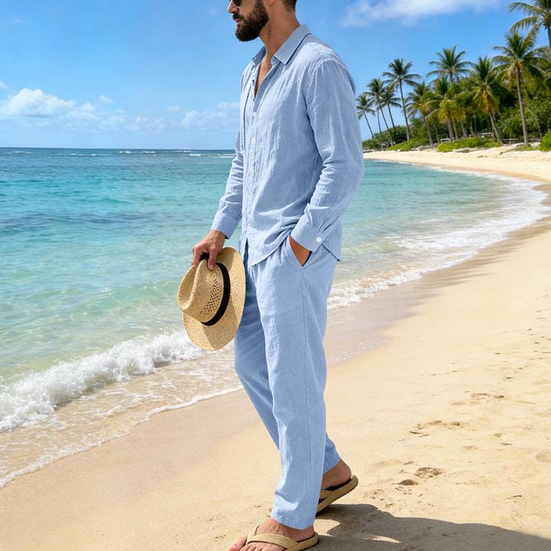 Men's Linen Long-Sleeve Lapel Shirt & Straight-Leg Pants Set for Casual Spring/Autumn Beachwear